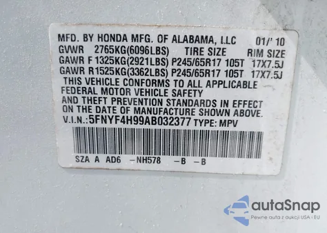 2010 Honda Pilot Touring из США, поврежденный, VIN 5FNYF4H99AB032377